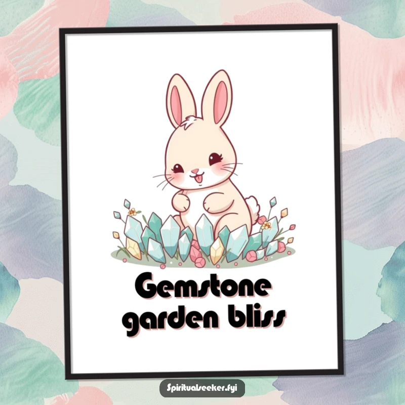 Funny digital art print of a happy rabbit tending a garden of tiny crystals, ideal for magical decor.