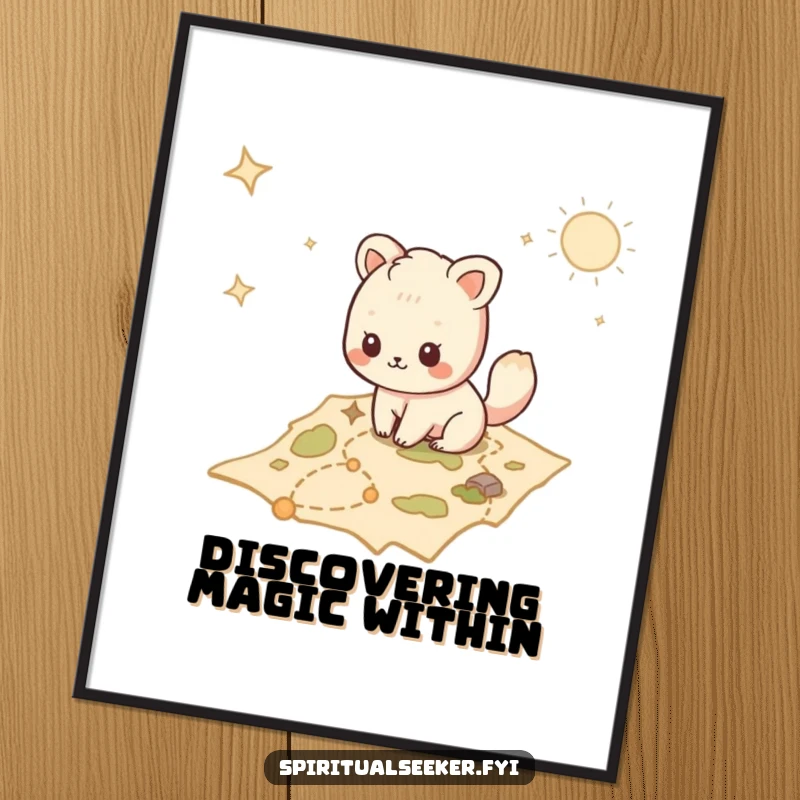 Funny Kawaii animal digital art print of a creature tracing a path on a mystical map, perfect for inspiring decor.