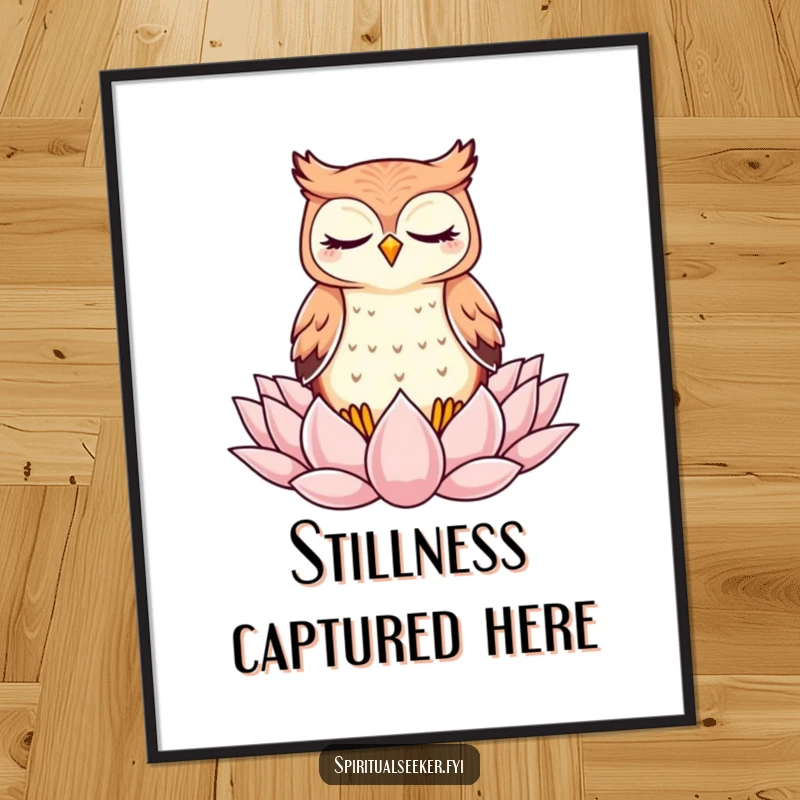 Funny Digital Art Print: A kawaii owl in a deep meditative state on a lotus, radiating pure tranquility.
