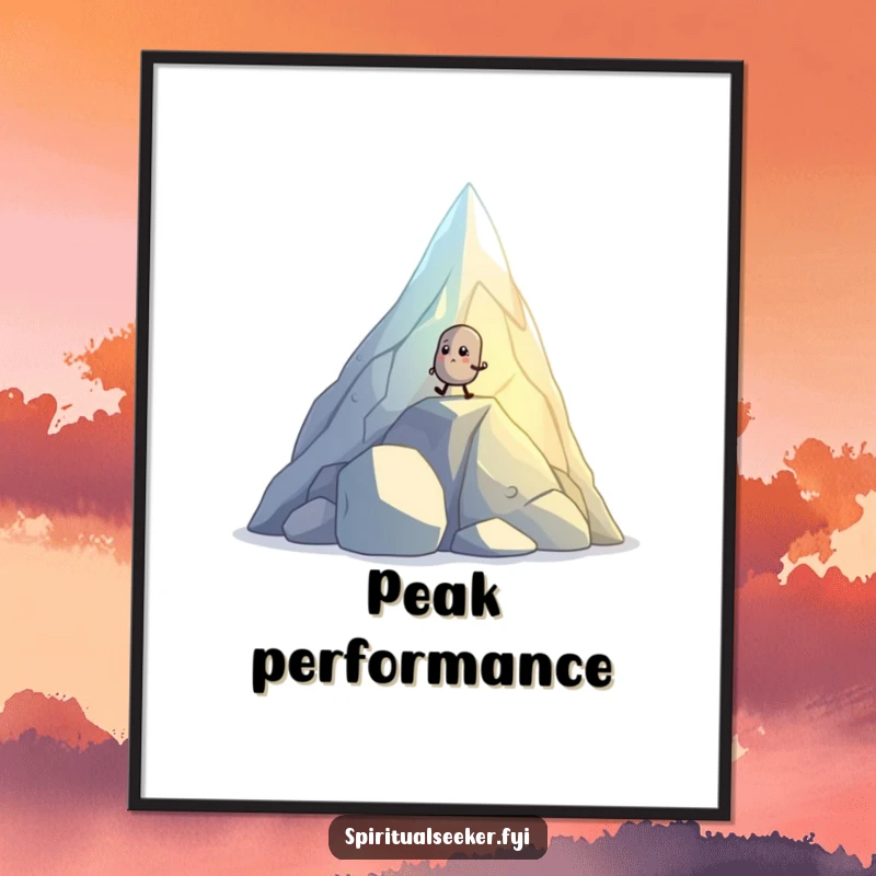 Funny digital art print of a small, determined pebble creature hiking up a glowing, crystal mountain, symbolizing perseverance.