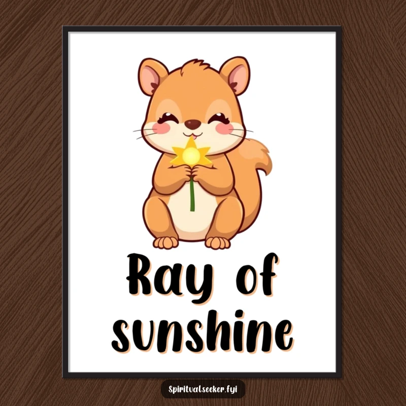 Funny squirrel digital art print of a cute squirrel holding a soft, golden ray, offering instant humorous decor.