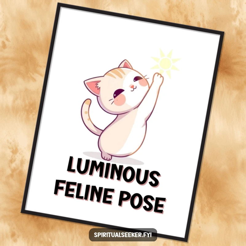 Funny cat digital art of a serene character stretching gracefully towards a warm, inviting beam of light.