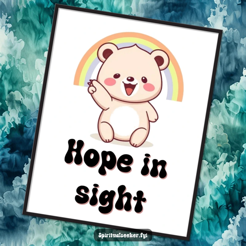 Funny digital art print: A joyous bear points to a majestic rainbow, creating instant cheerful decor.