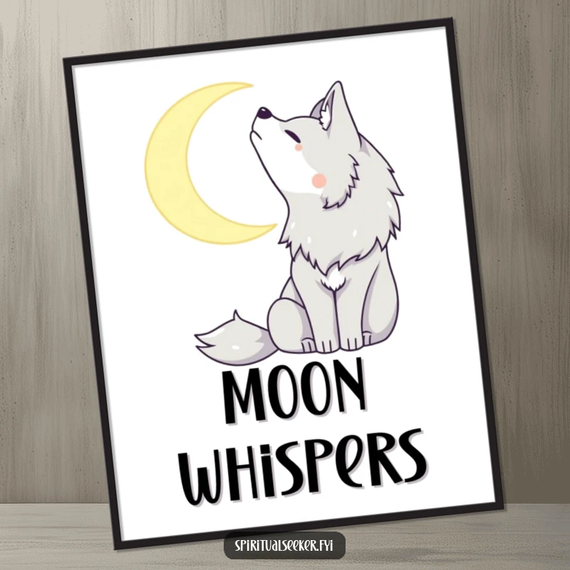 Funny digital art print of a tranquil wolf howling at a crescent moon, perfect for creating a peaceful and mystical atmosphere.
