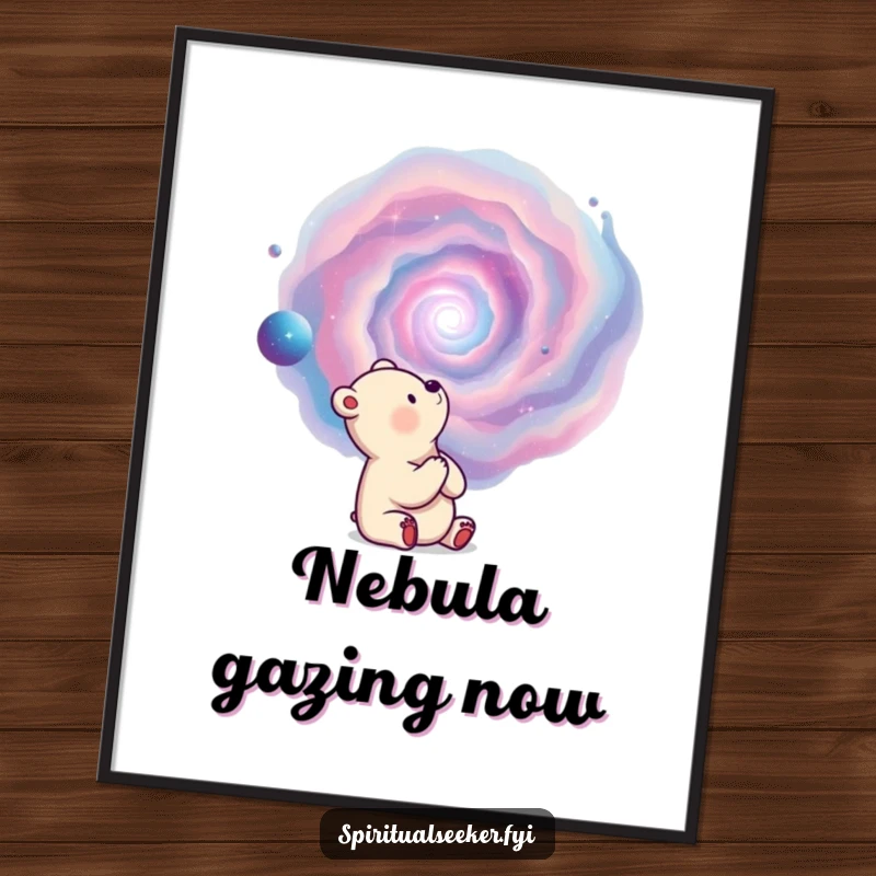 Funny digital art print of a thoughtful bear observing a swirling nebula, ideal for cosmic decor.