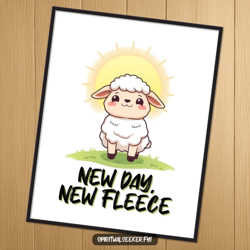 Funny digital art print of a hopeful sheep character looking towards a beautiful radiant dawn, perfect for inspiring wall decor.