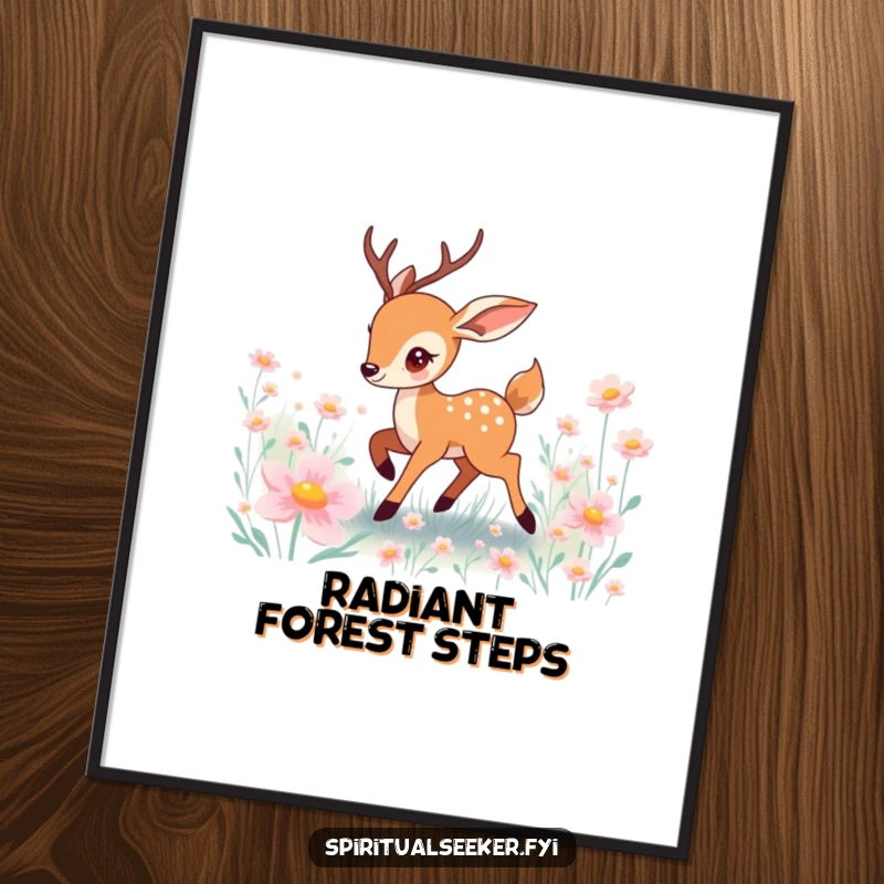 Funny deer digital art of a playful character prancing joyfully through a field of luminous, enchanting flowers.