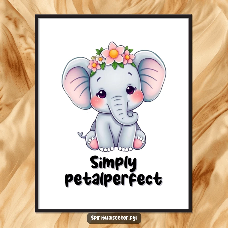 Funny digital art print of a serene elephant with a flower crown, capturing tranquility and whimsy, perfect for printable wall decor, funny gift.