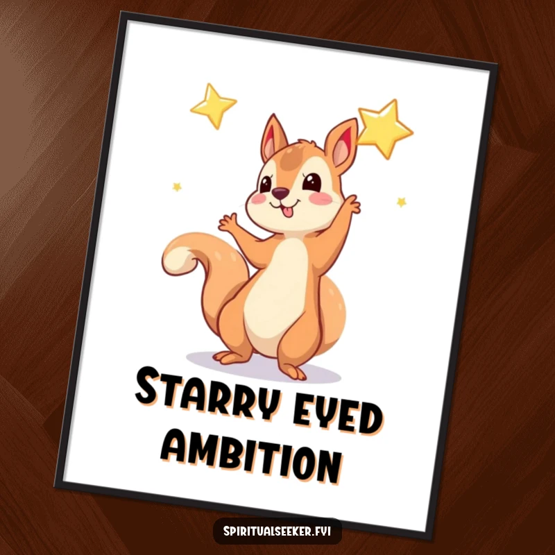 Funny Digital Art Print: An illustration of a playful squirrel reaching out towards a bright, shimmering star.