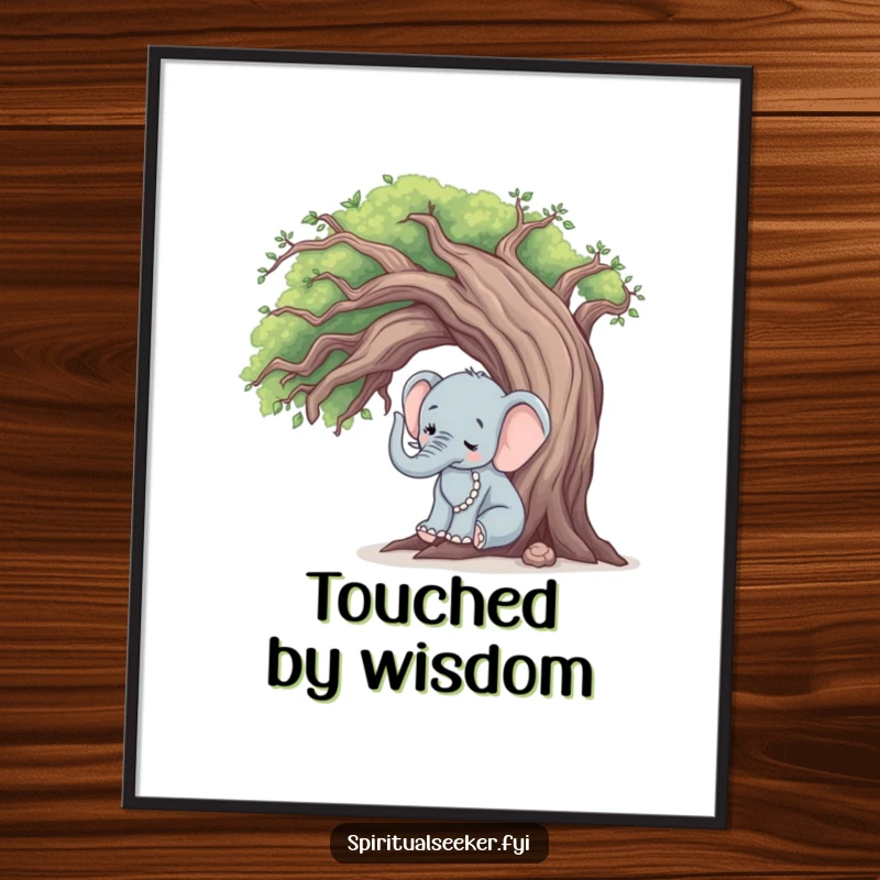 Funny elephant tree hugger digital art, a peaceful elephant touching an old tree, high-resolution serene artwork.