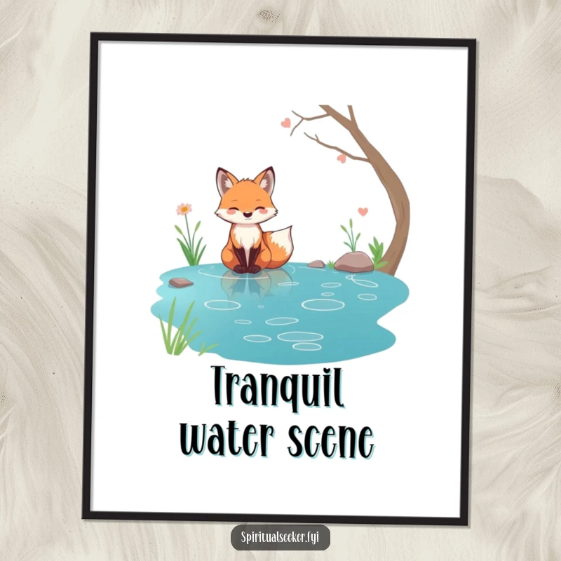 Funny tranquil fox digital art print, character by a serene stream, ideal for instant wall decor.