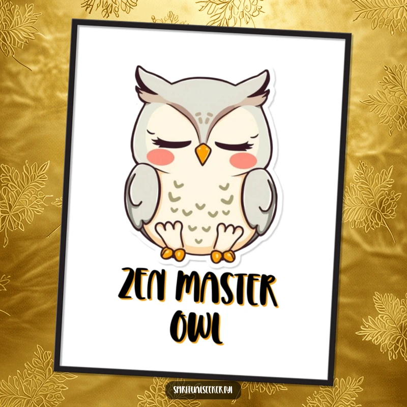 Funny meditating owl digital art print, a downloadable image of a wise owl meditating with a subtle smile, perfect for humorous decor.