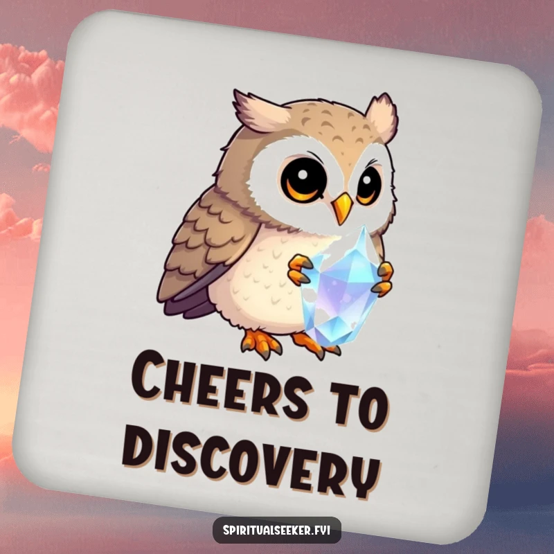 Funny curious owl drink coaster, depicting an owl examining a crystal. Protects surfaces with wisdom and a touch of whimsical humor.