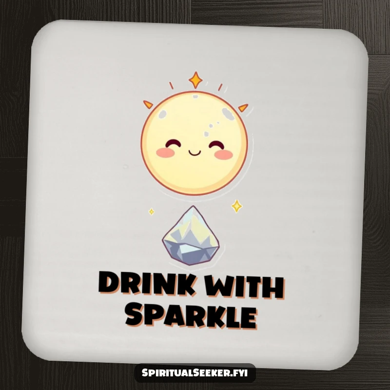 Funny drink coaster featuring a smiling celestial body happily floating above a tiny, sparkling crystal, adding cosmic flair.