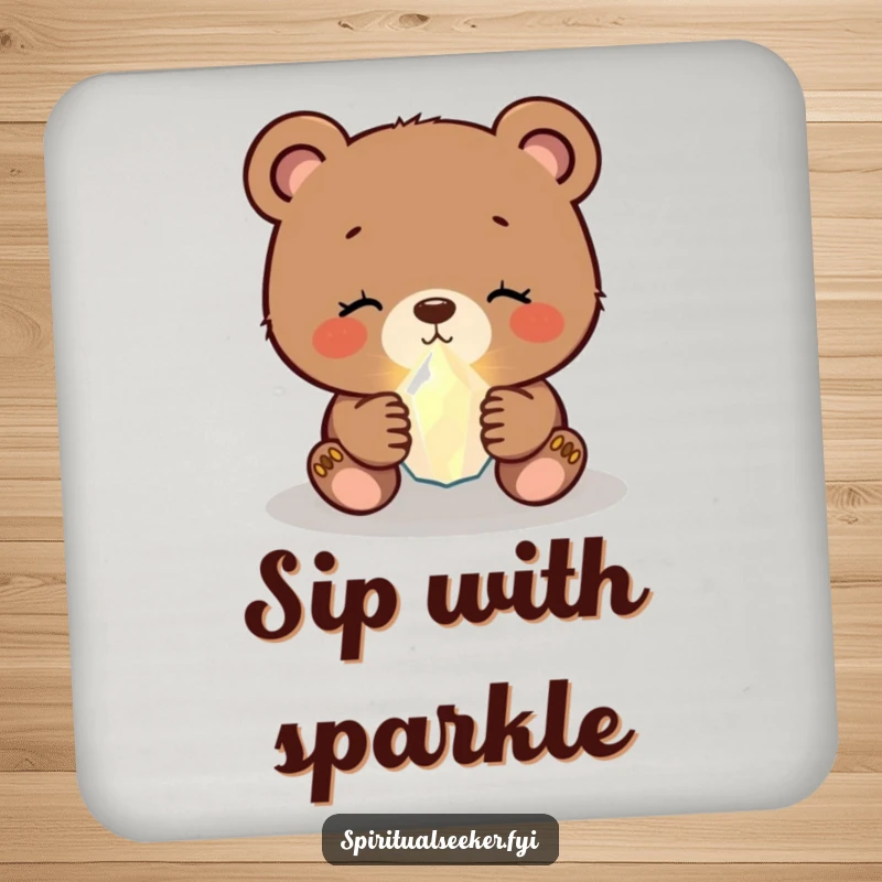 Funny bear cub drink coasters displaying a peaceful cub holding a tiny, glowing crystal, adding humorous protection.