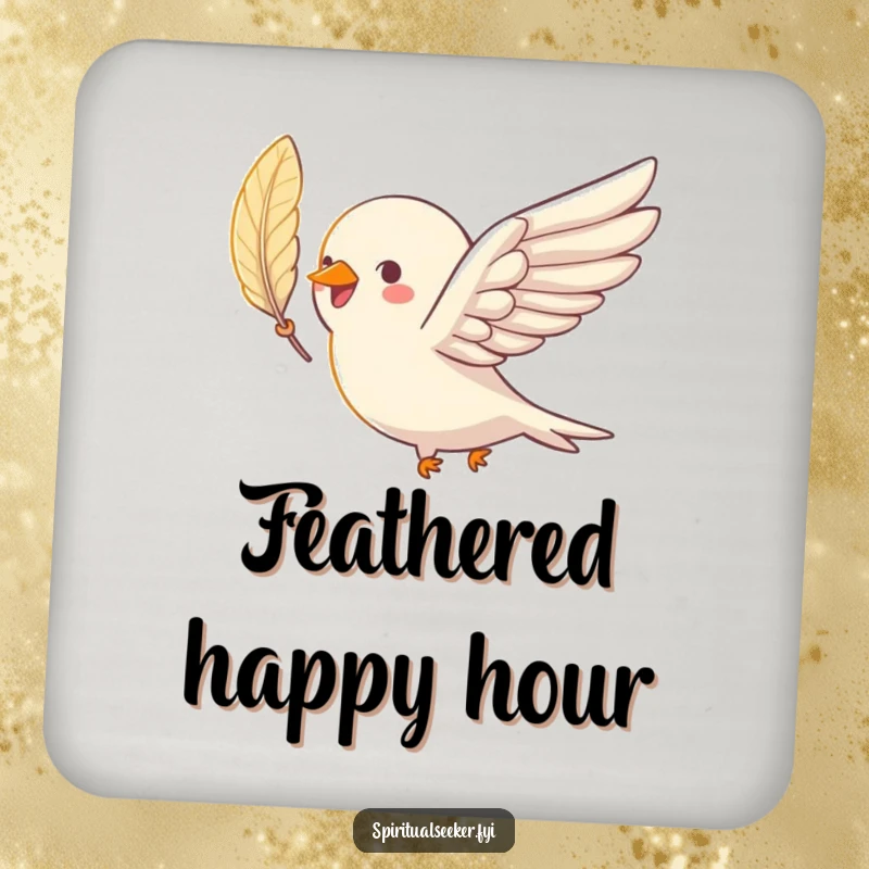 Funny bird drink coasters displaying a joyful bird soaring with a shimmering feather, adding humorous protection.