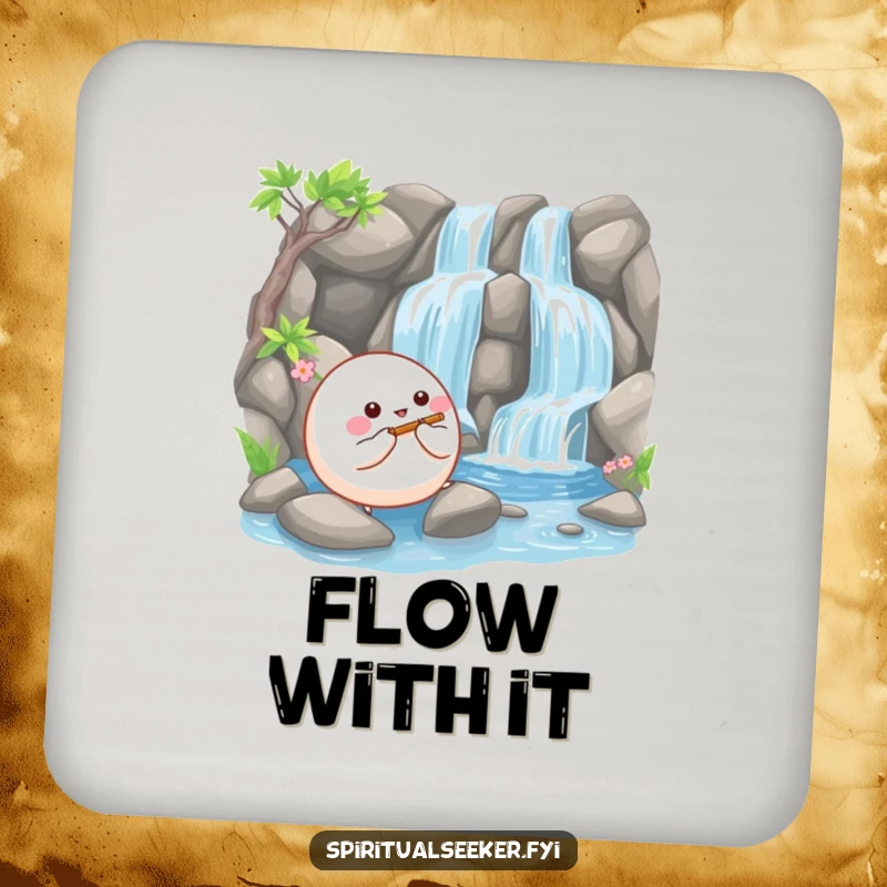 Funny drink coaster featuring a happy, bouncy ball creature playing a tiny flute beside a serene waterfall, adding serene flair.
