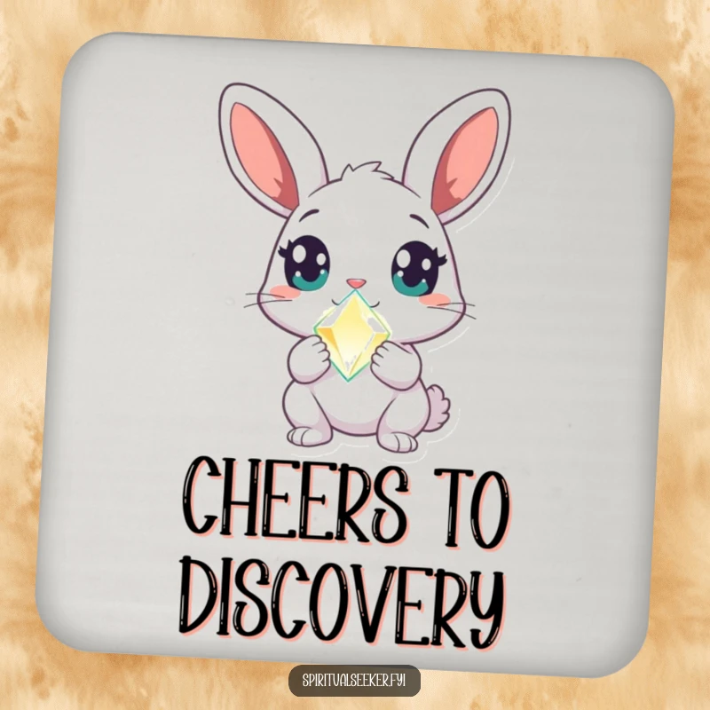 Funny rabbit coasters featuring a curious character with wide, amazed eyes holding a glowing crystal, adding magical humor to surfaces.