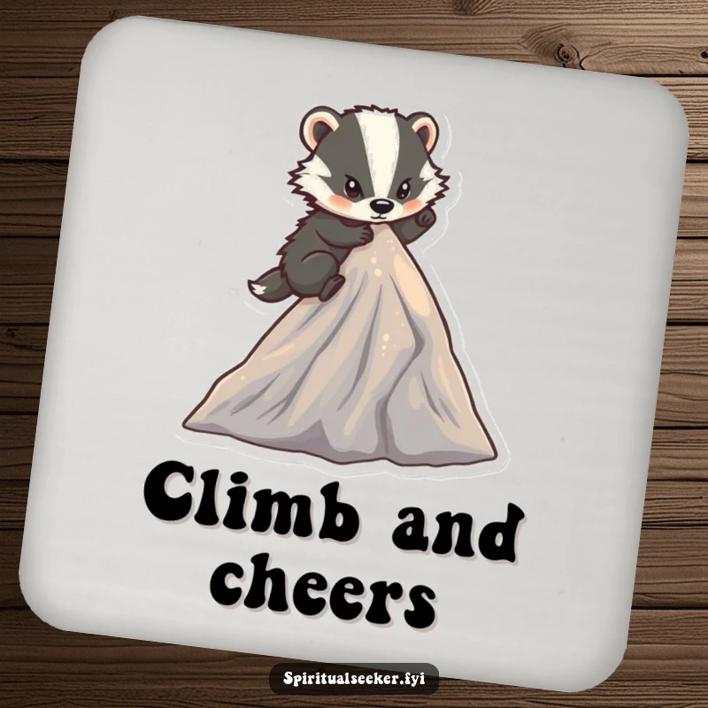 Funny determined badger coasters with a character climbing a small, sparkling mountain peak, protecting furniture with motivational humor.