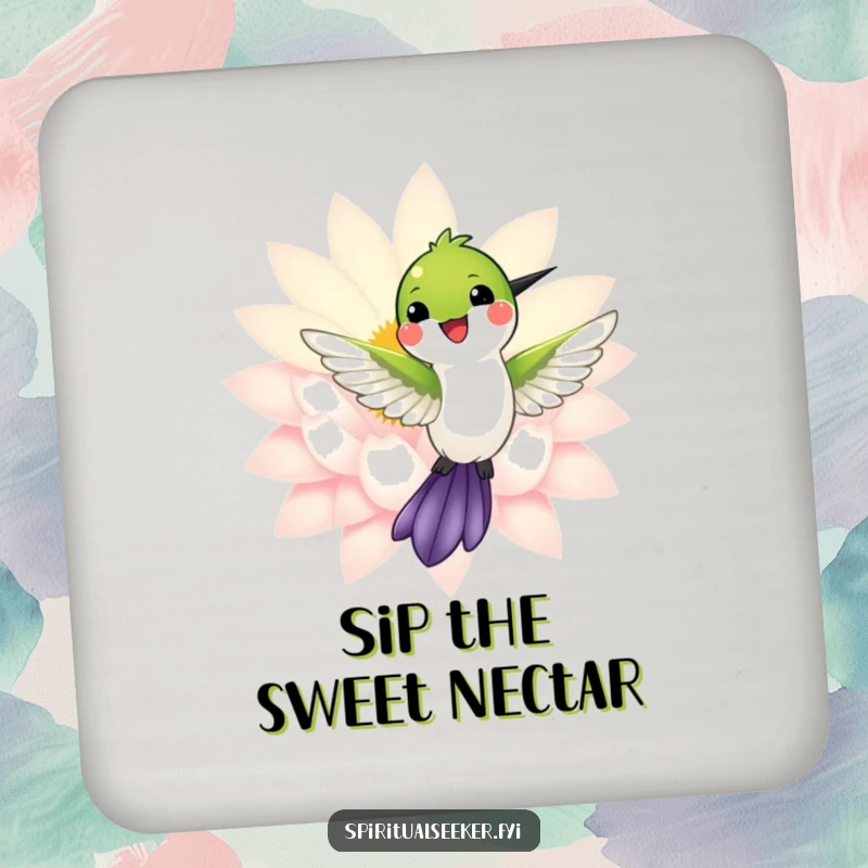 Funny drink coaster featuring a smiling hummingbird hovering near a softly radiant lotus, bringing natural elegance.