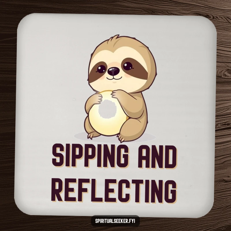 Funny drink coaster featuring a thoughtful sloth gazing at a softly glowing orb, bringing mystery to any surface.