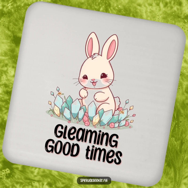 Funny drink coaster with a happy rabbit tending a garden of tiny crystals, offering humorous surface protection.