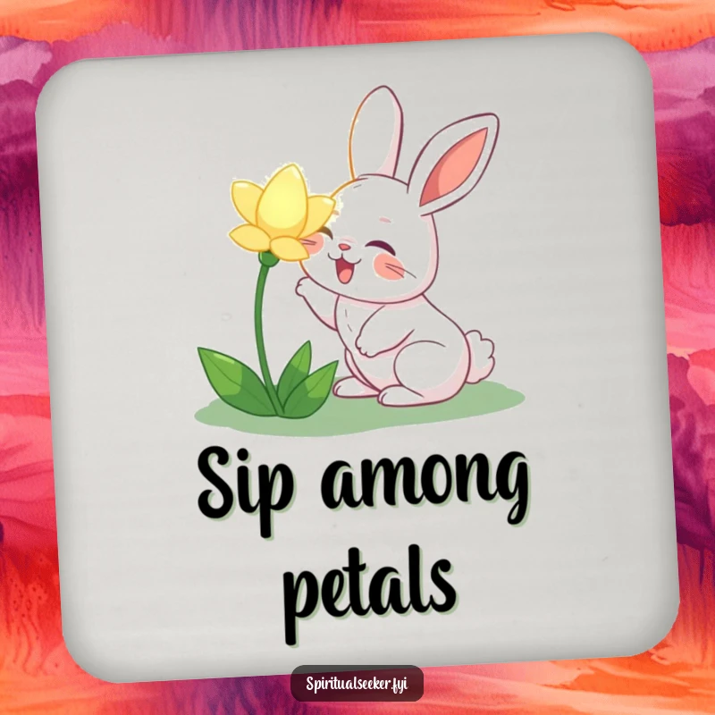 Funny joyful rabbit drink coaster, depicting a rabbit sniffing a glowing flower. Protects surfaces with charming whimsy and a touch of humor.