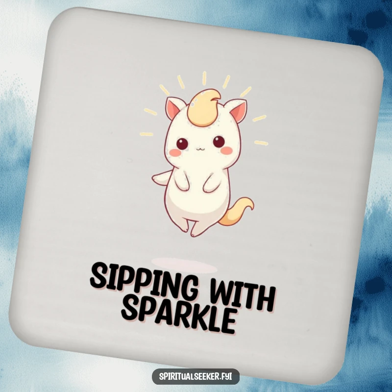 Funny Drink Coaster showing a charming Kawaii creature balancing and glowing, providing surface protection with enchanting flair.