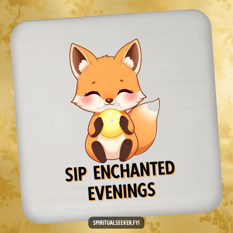 Funny Drink Coaster: A kawaii fox holding a softly glowing orb, offering surface protection with a magical essence.