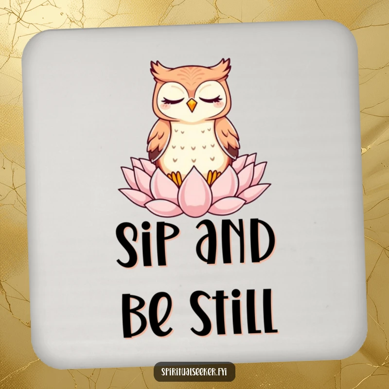 Funny Drink Coaster: A kawaii owl gracefully meditating on a lotus flower, offering surface protection with peace.
