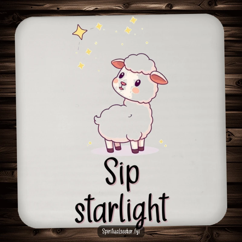 Funny kawaii sheep coaster showing a sheep looking at a constellation, protecting surfaces with celestial humor.