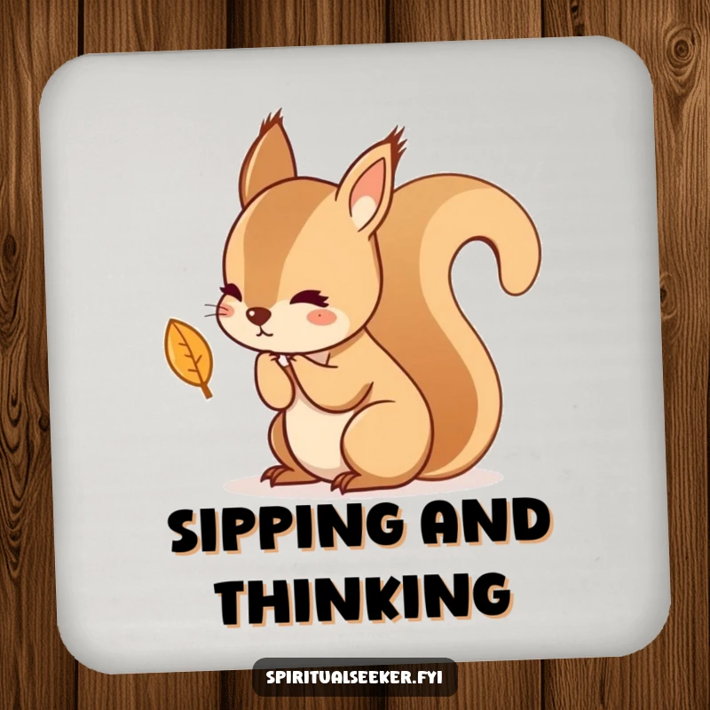 Funny drink coasters featuring a kawaii squirrel in deep thought over a falling leaf, adding humorous and protective autumnal flair.