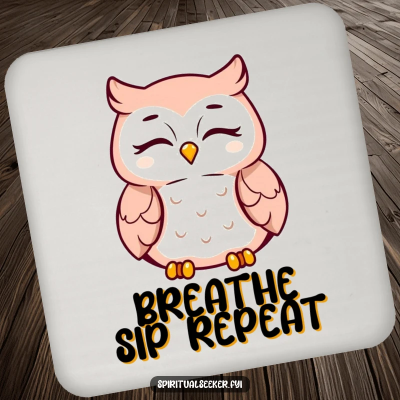 Funny meditating owl coaster, peaceful smiling character, protecting surfaces with a serene and calm aesthetic.