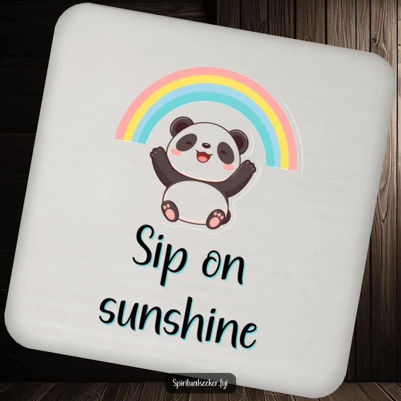 Funny drink coasters showing a hopeful panda looking at a rainbow, adding a touch of optimism to beverage service.