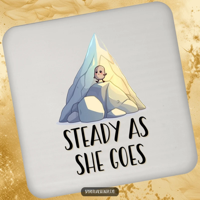 Funny drink coaster featuring a small, determined pebble creature hiking up a glowing, crystal mountain, adding motivational flair.