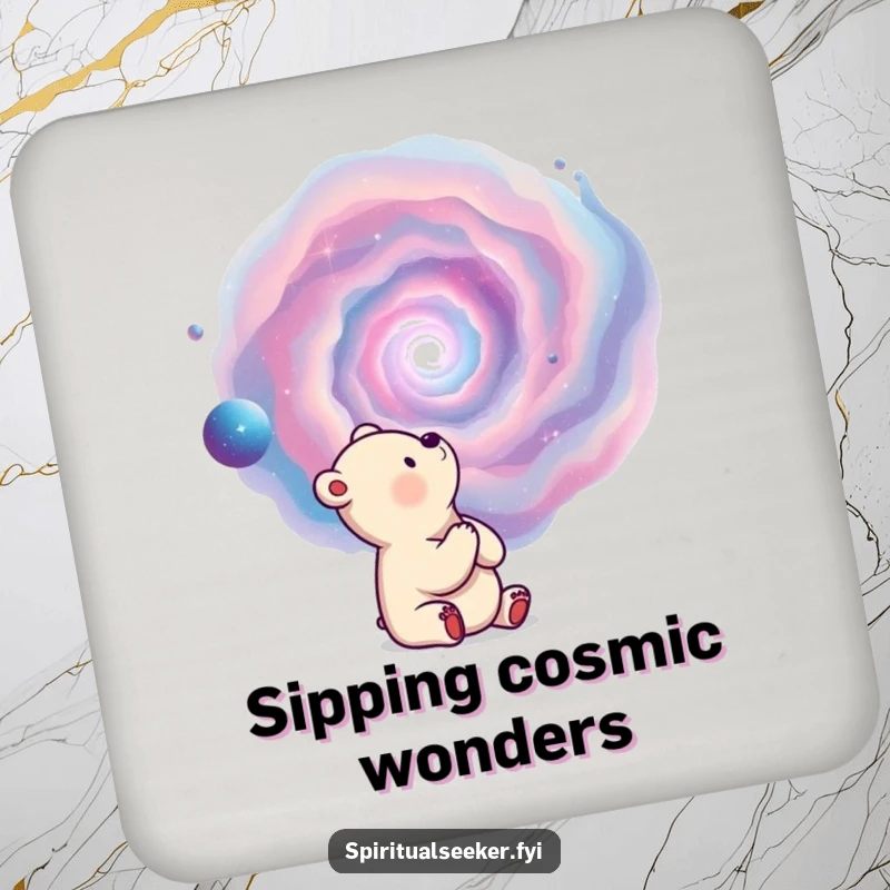 Funny drink coaster with a thoughtful bear observing a swirling nebula, offering humorous surface protection.