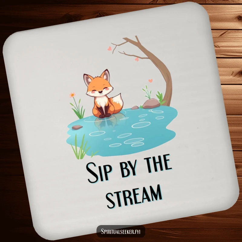 Funny tranquil fox coaster, character by a serene stream, adding peaceful nature decor to any surface.