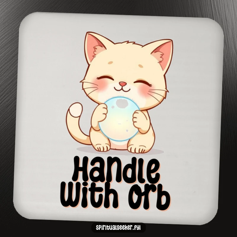 Funny cat drink coasters displaying a smiling cat gently patting a luminous ethereal orb, adding humorous protection.