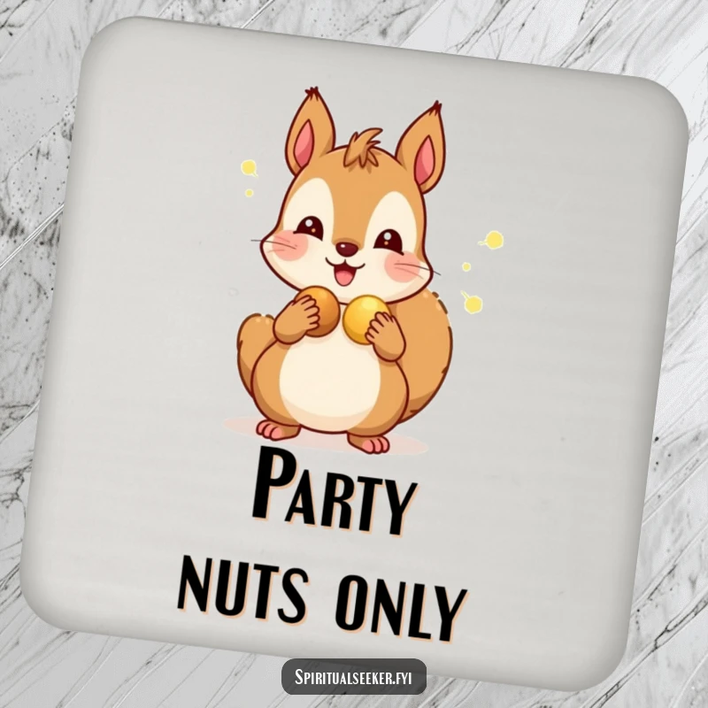 Funny drink coasters showcasing a cheerful squirrel sharing glowing nuts, adding a touch of humor to any beverage service.
