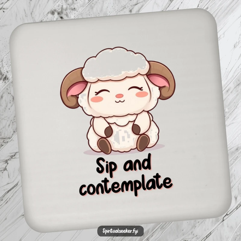 Funny sheep coasters with a meditating character, serene smile, and closed eyes, protecting furniture with peaceful, humorous charm.