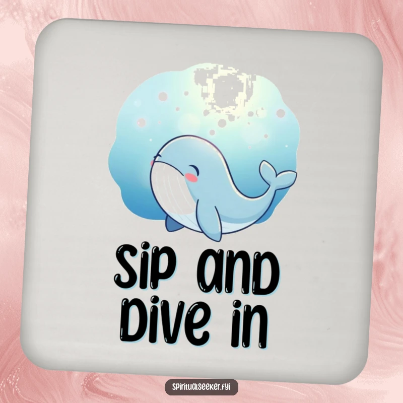 Funny whale drink coaster with a thoughtful whale character looking at magical underwater glow. Protects surfaces stylishly.