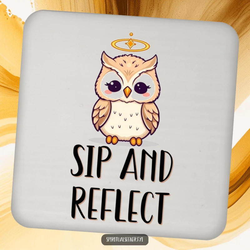 Funny drink coaster with a wise, meditating owl wearing a halo, offering humorous surface protection.