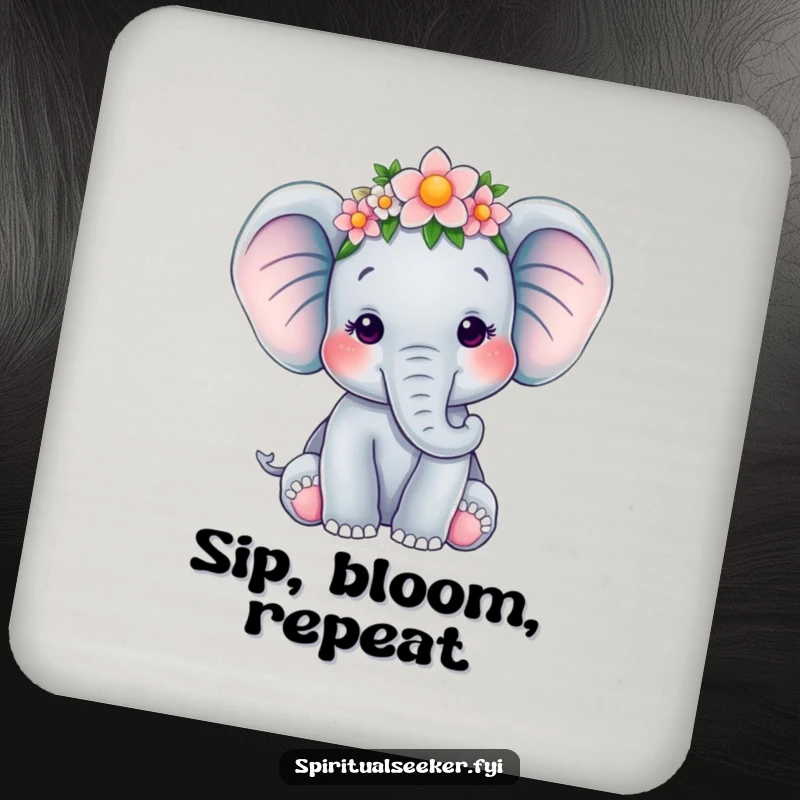 Funny drink coaster featuring a serene elephant adorned with a flower crown, perfect for protecting surfaces with peace and humor, a lovely funny gift.
