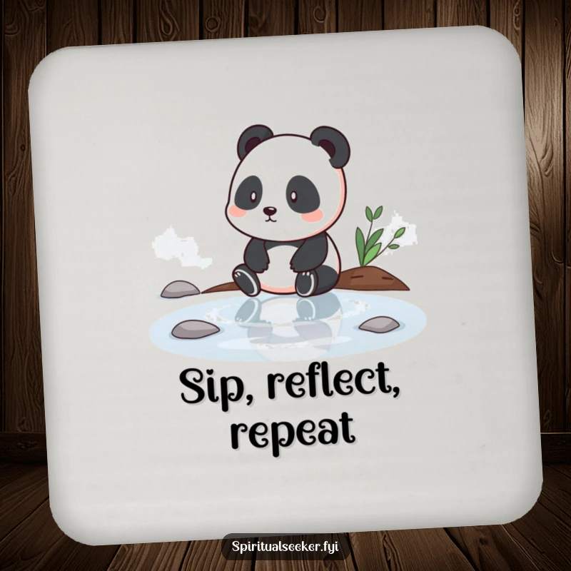 Funny drink coaster featuring a contemplative panda by tranquil water, ideal for protecting surfaces with a zen vibe, a lovely funny gift.