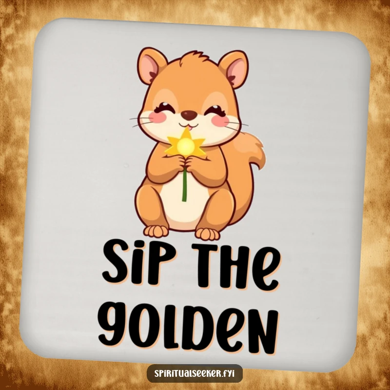 Funny squirrel drink coasters displaying a cute squirrel holding a soft, golden ray, adding humorous protection.