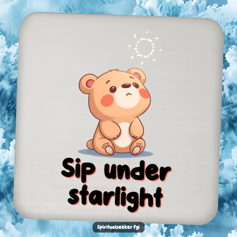 Funny curious bear coaster, character looking up at ethereal light, adding a touch of wonder to home decor.