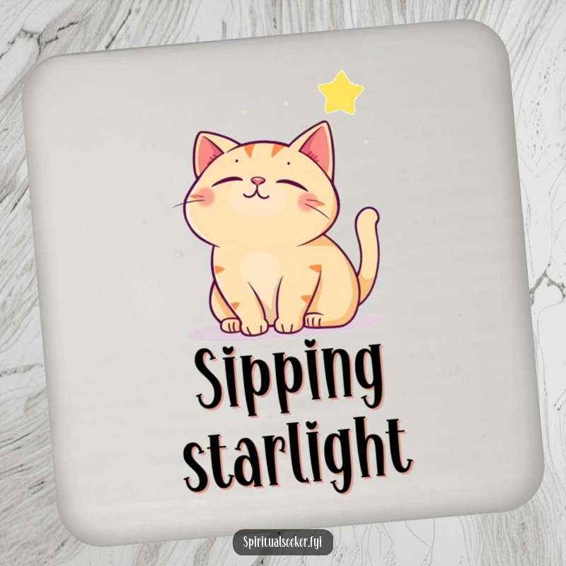 Funny contented cat drink coaster, depicting a cat gazing at a star. Protects surfaces with whimsical charm and a touch of humor.