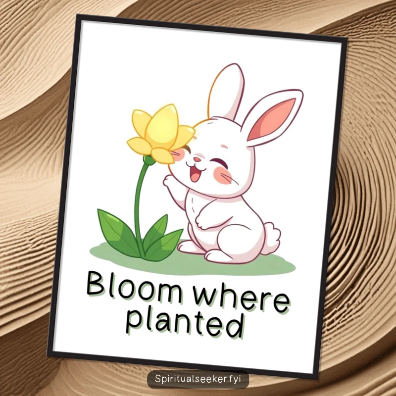 Funny joyful rabbit poster, depicting a happy rabbit sniffing a luminous flower. Ideal for adding charming and humorous garden-themed decor.