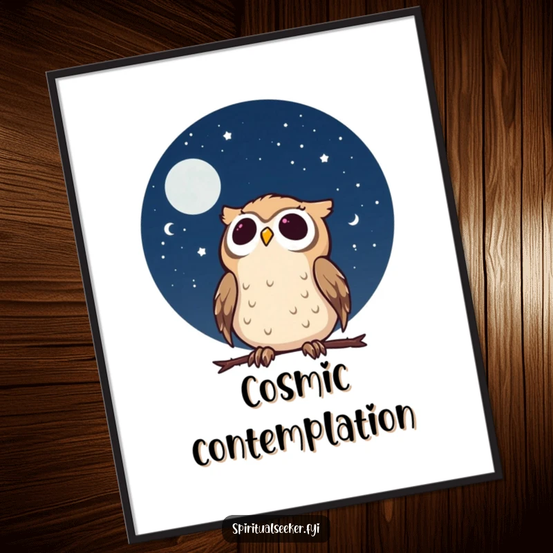 Funny calm owl poster showing a character gazing at a starry night sky with wonder, bringing peaceful and humorous cosmic vibes.