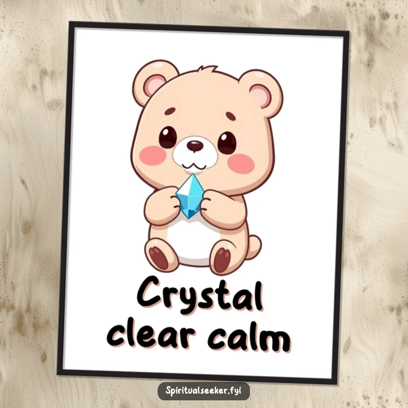 Funny poster showcasing a calm bear holding a luminous crystal, creating an aura of peace and gentle humor.